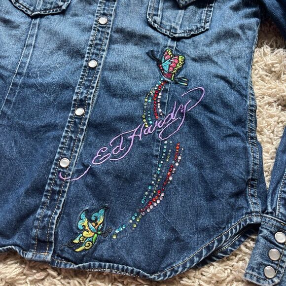 Ed Hardy Shirt Mens L Denim Western Pearl Snap Rhinestone by Christian Audigier - Picture 7 of 15